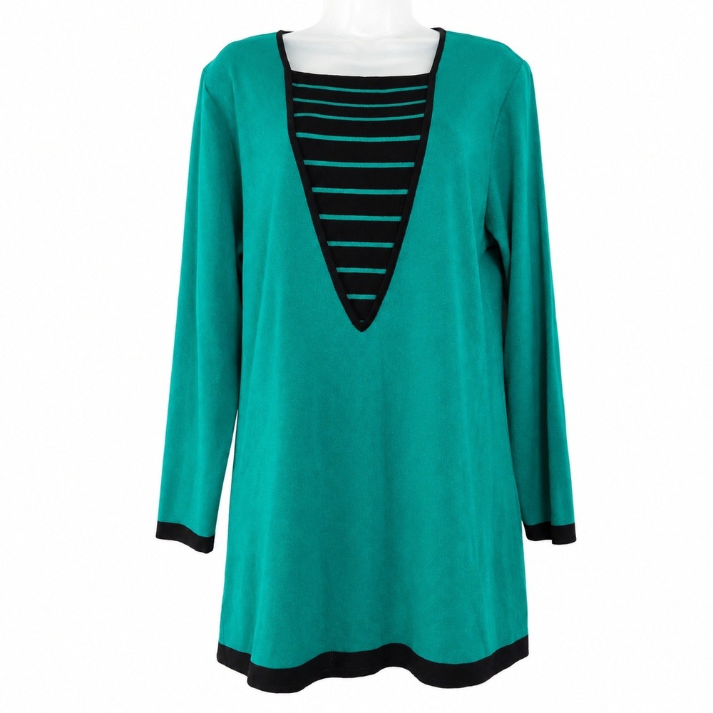 Misook Knit Top Womens M Green Striped Inset Long Sleeve Career Stretch Modest
